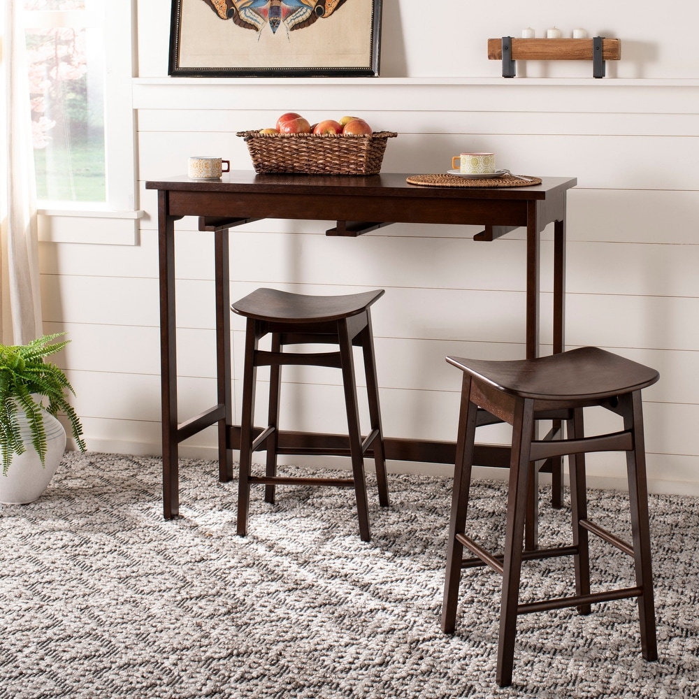 Retro Brown VINGLI 3-Piece Counter Height Pub Table Set Kitchen Bar Dining Table with 2 Upholstered Bar Stools Dining Room Pub Table and Stools with 3 Storage Shelves